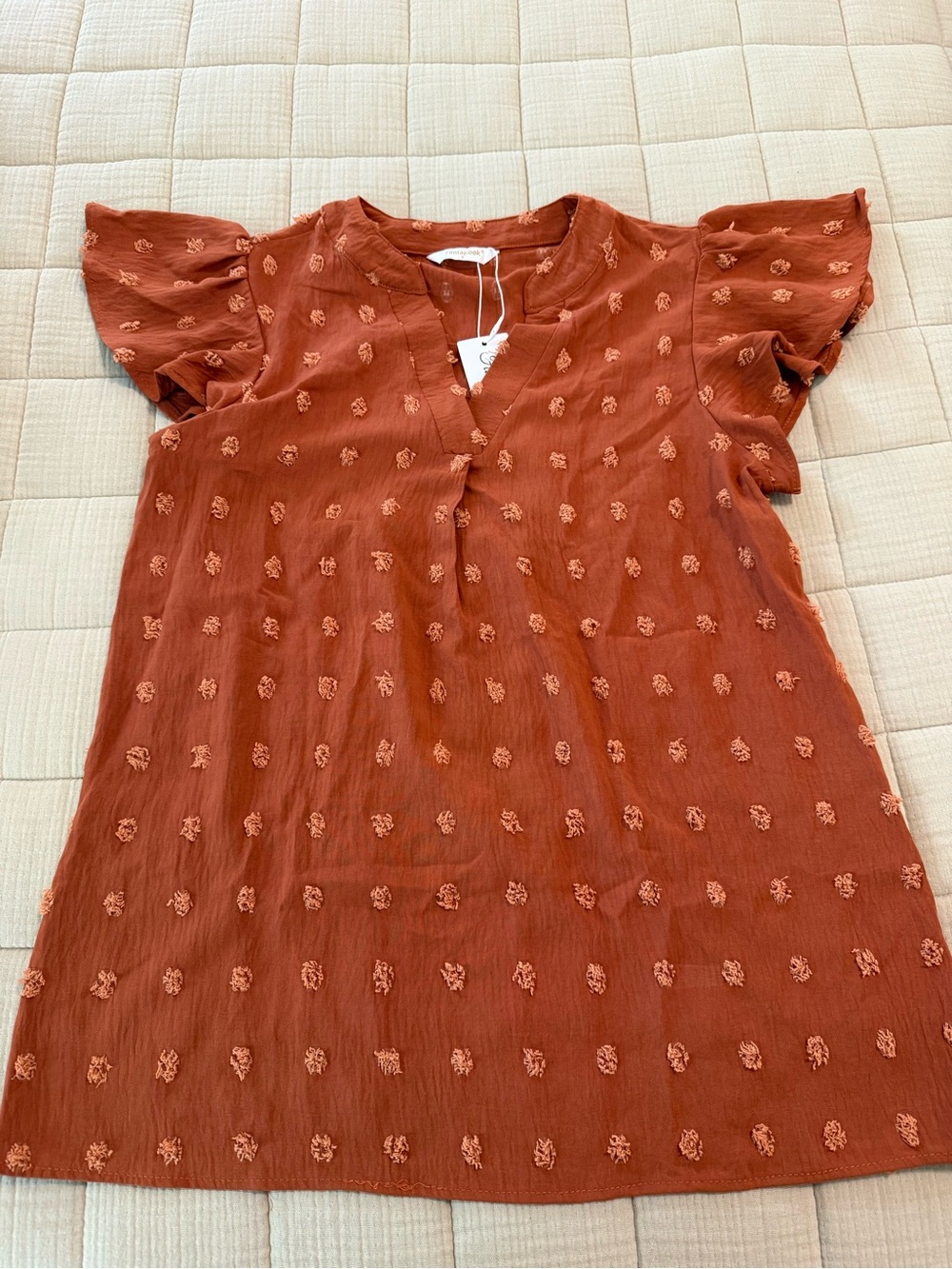 Fantaslook Rust Textured Flutter-Sleeve Women's Top